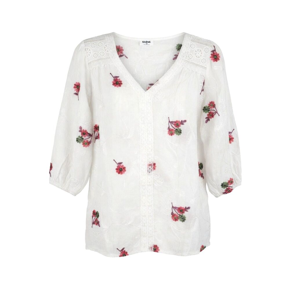 Kindred Plus Size 2X White Floral Embroidered Bohemian Lace Trim Peasant Blouse